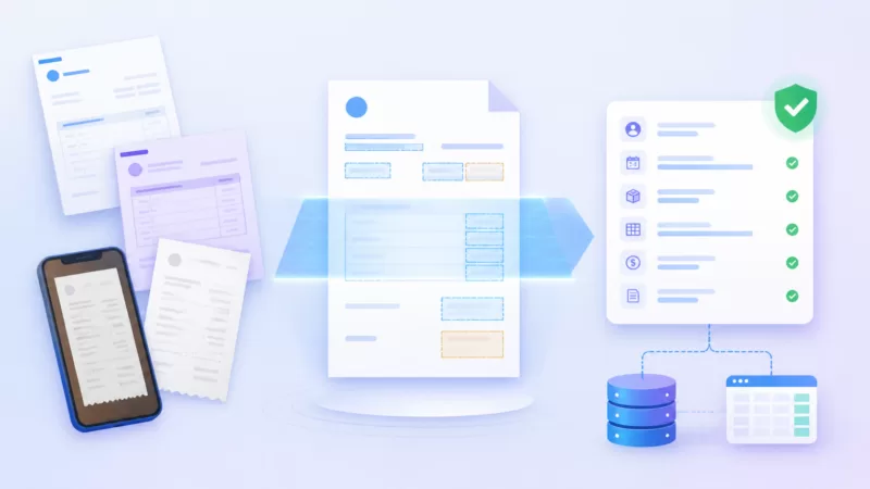 Illustration of invoices, a scanned receipt and a phone photo of a bill being read and turned into verified structured data