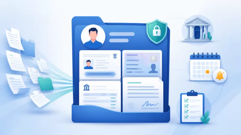 Illustration of a borrower KYC record holding a masked identity card, bank statement and loan agreement, with renewal reminder and checklist